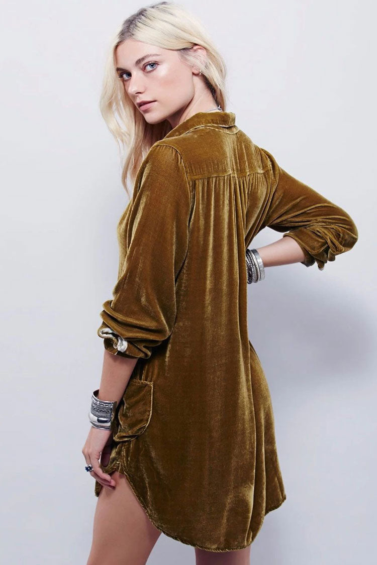 Classic Collared V Neck Long Sleeve Velvet Mini Dress - Khaki