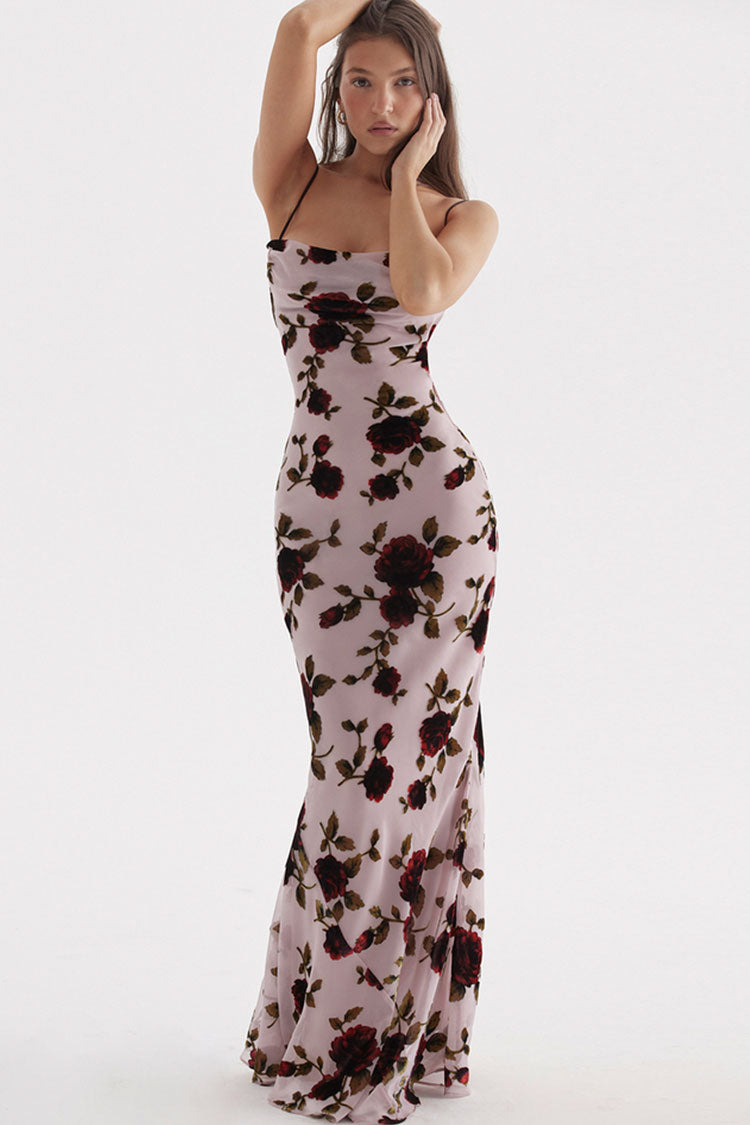 Retro Cowl Neck Printed Mesh Cami Backless Fishtail Slip Maxi Dress - Floral