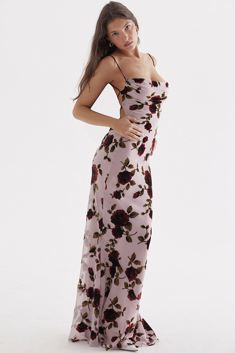 Retro Cowl Neck Printed Mesh Cami Backless Fishtail Slip Maxi Dress - Floral