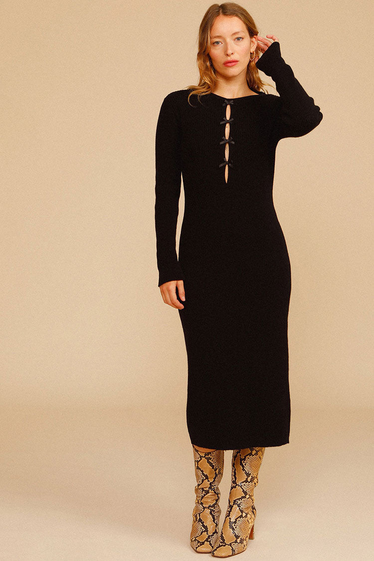Classic Cutout Long Sleeve Winter Pullover Sweater Midi Dress - Black