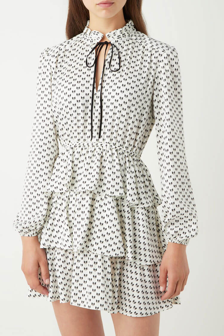 Print Bowknot Tie Front Long Sleeve Ruffle Tiered Mini Dress - White