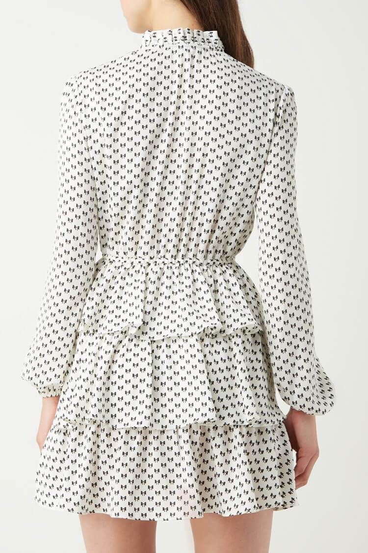 Print Bowknot Tie Front Long Sleeve Ruffle Tiered Mini Dress - White