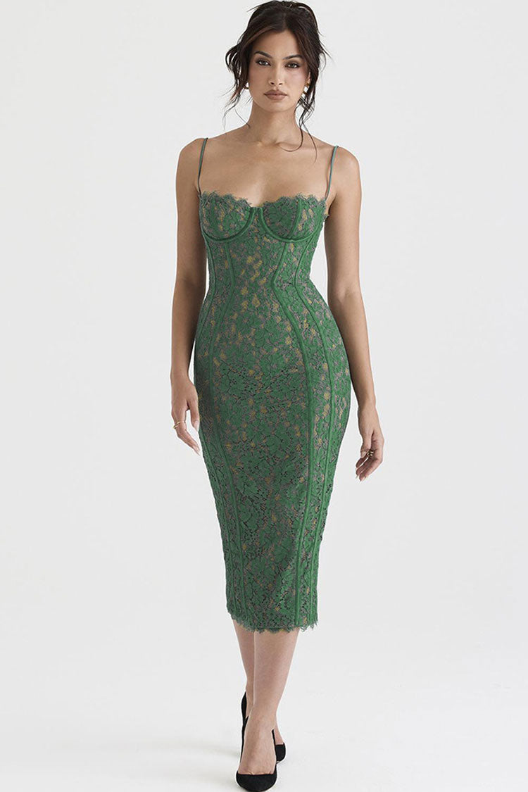 Classic Eyelash Sweetheart Bodycon Lace Cocktail Midi Dress - Green
