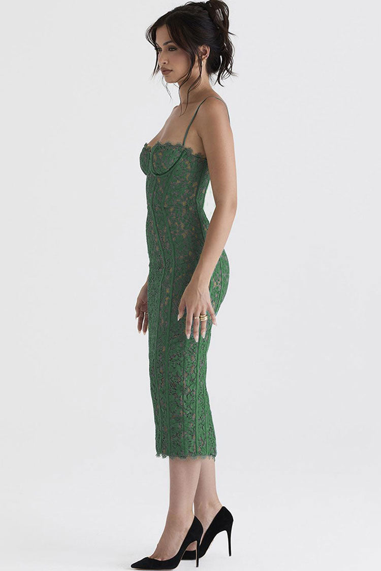 Classic Eyelash Sweetheart Bodycon Lace Cocktail Midi Dress - Green