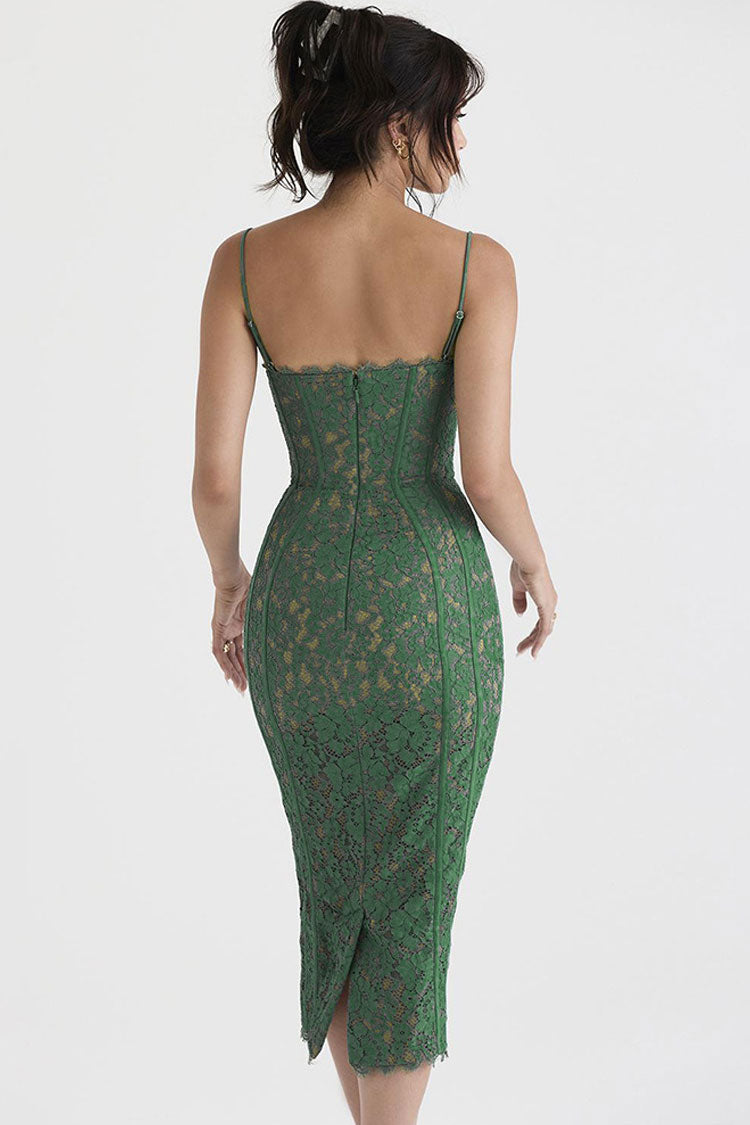 Classic Eyelash Sweetheart Bodycon Lace Cocktail Midi Dress - Green