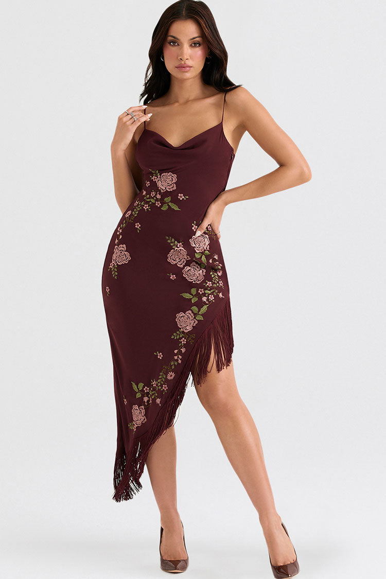 Vintage Bloom Embroidered Fringe Sleeveless Cocktail Party Midi Dress - Burgundy