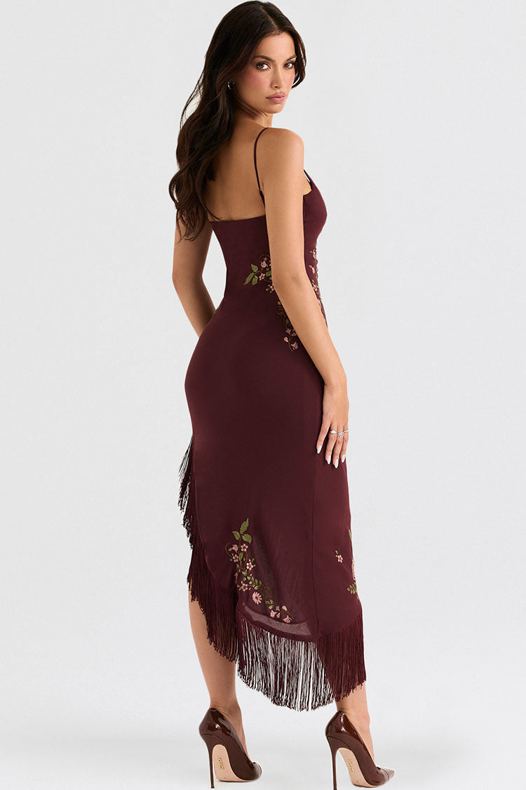 Vintage Bloom Embroidered Fringe Sleeveless Cocktail Party Midi Dress - Burgundy