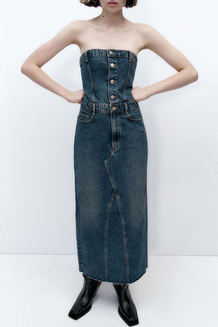 Timeless Half Button Split Back Strapless Faded Denim Maxi Dress - Blue
