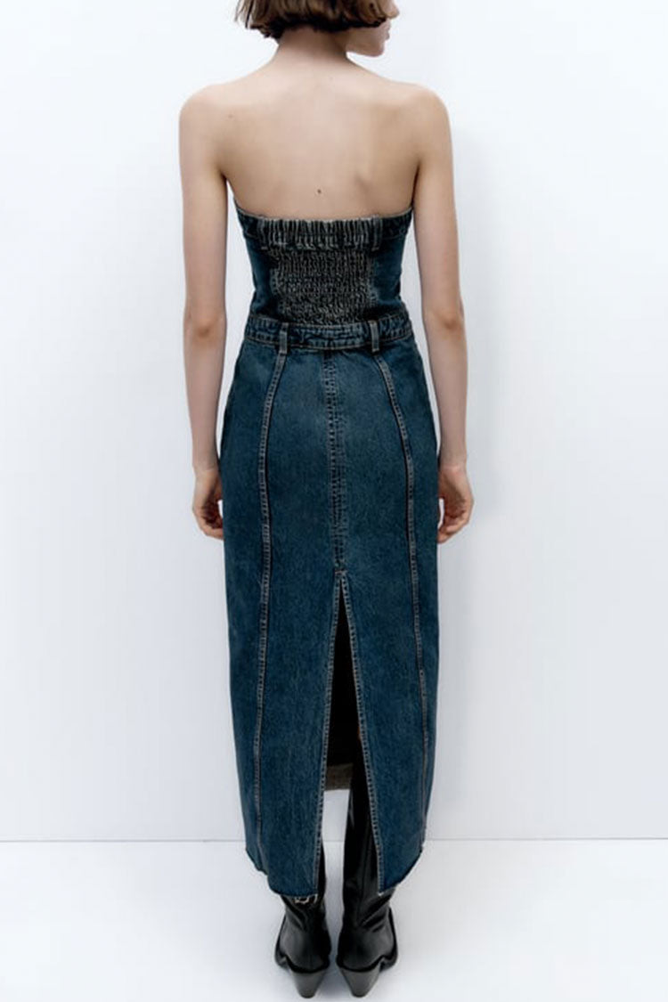 Timeless Half Button Split Back Strapless Faded Denim Maxi Dress - Blue