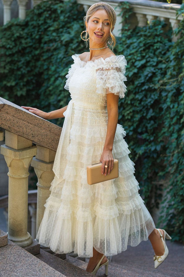 Classic Layered Ruffle Off Shoulder Dotted Tulle Cocktail Midi Dress - Apricot