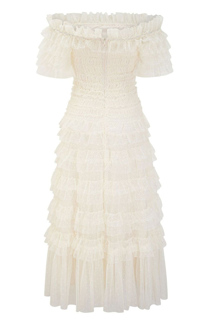 Classic Layered Ruffle Off Shoulder Dotted Tulle Cocktail Midi Dress - Apricot
