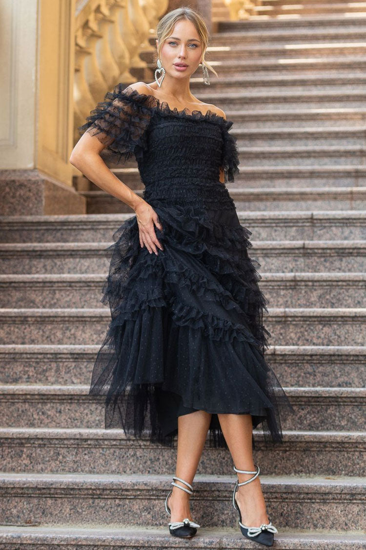 Classic Layered Ruffle Off Shoulder Dotted Tulle Cocktail Midi Dress - Black