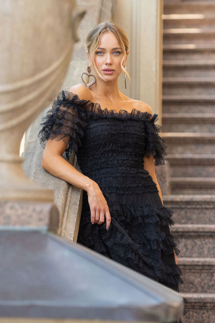 Classic Layered Ruffle Off Shoulder Dotted Tulle Cocktail Midi Dress - Black