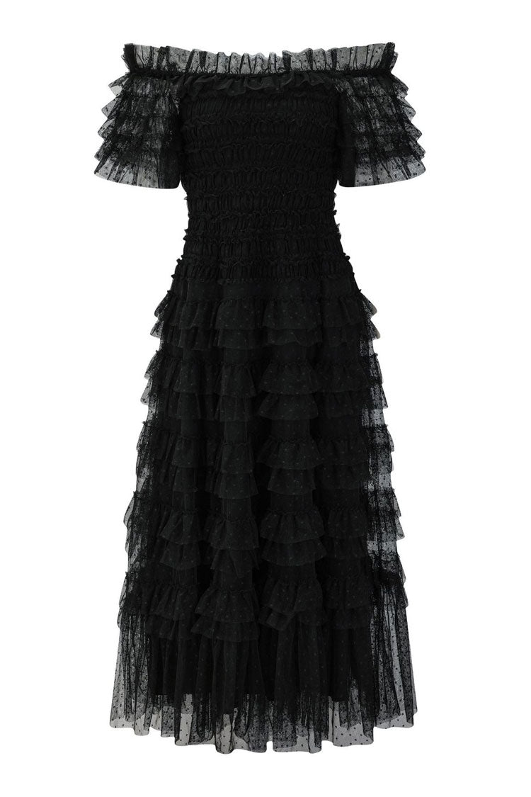 Classic Layered Ruffle Off Shoulder Dotted Tulle Cocktail Midi Dress - Black