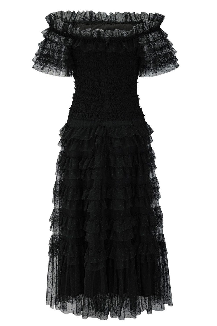 Classic Layered Ruffle Off Shoulder Dotted Tulle Cocktail Midi Dress - Black