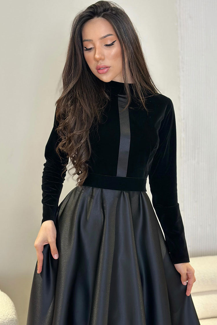 Classic Long Sleeve High Waist Velvet Silky Satin Evening Maxi Dress - Black