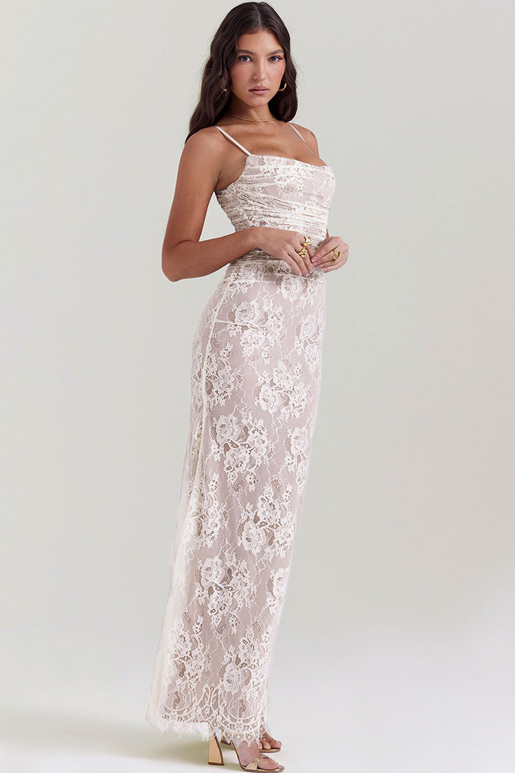 Classic Long Sleeve Shrug Floral Lace Sleeveless Evening Maxi Dress - Cream