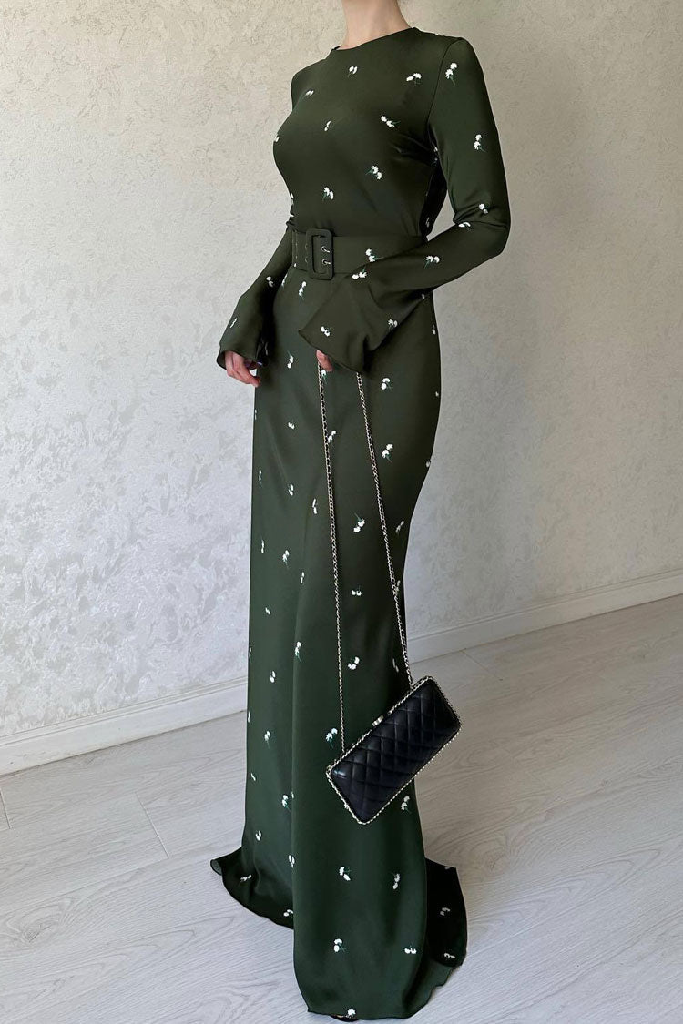 Timeless Long Sleeve Silky Satin Floral Printed Maxi Dress - Green