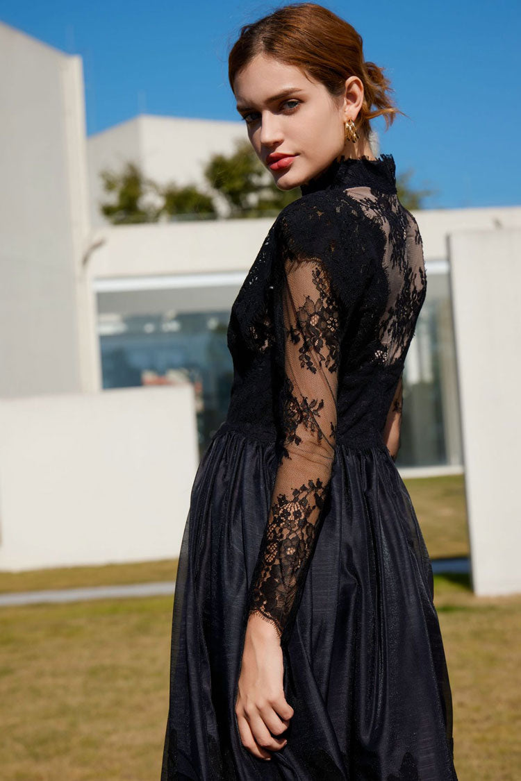 Classic Mock Neck Sheer Lace Long Sleeve Evening Maxi Dress - Black
