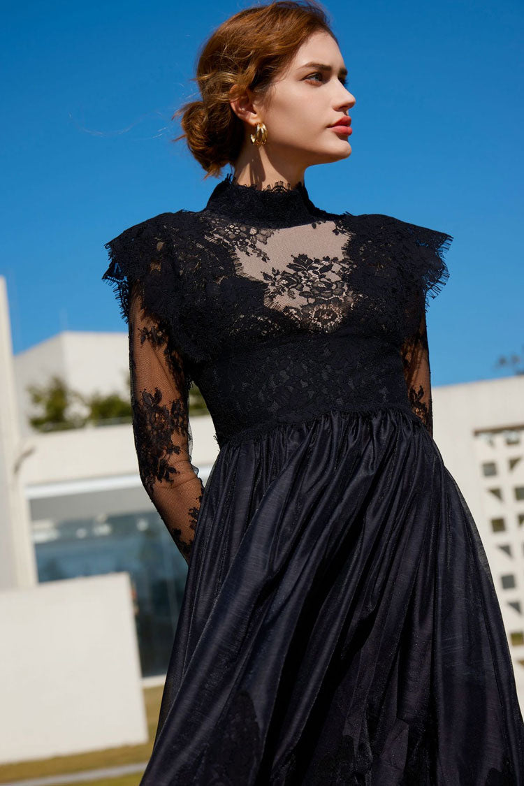 Classic Mock Neck Sheer Lace Long Sleeve Evening Maxi Dress - Black