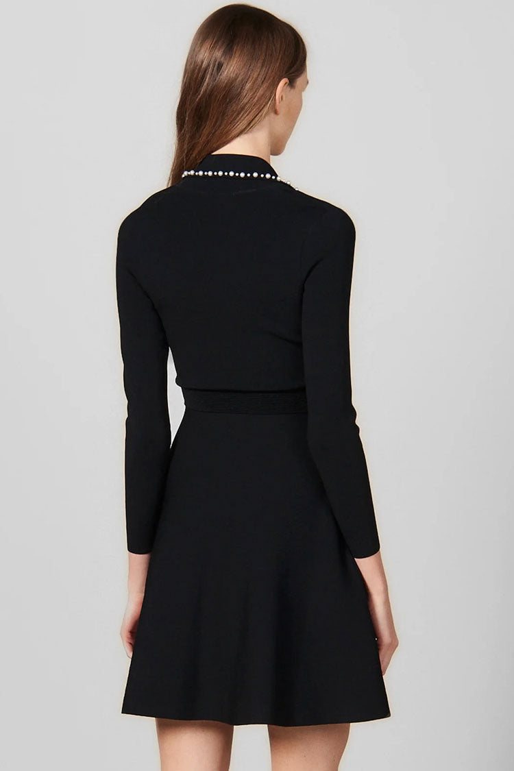 Timeless Pearl Lapel Long Sleeve Fit & Flare Sweater Mini Dress - Black