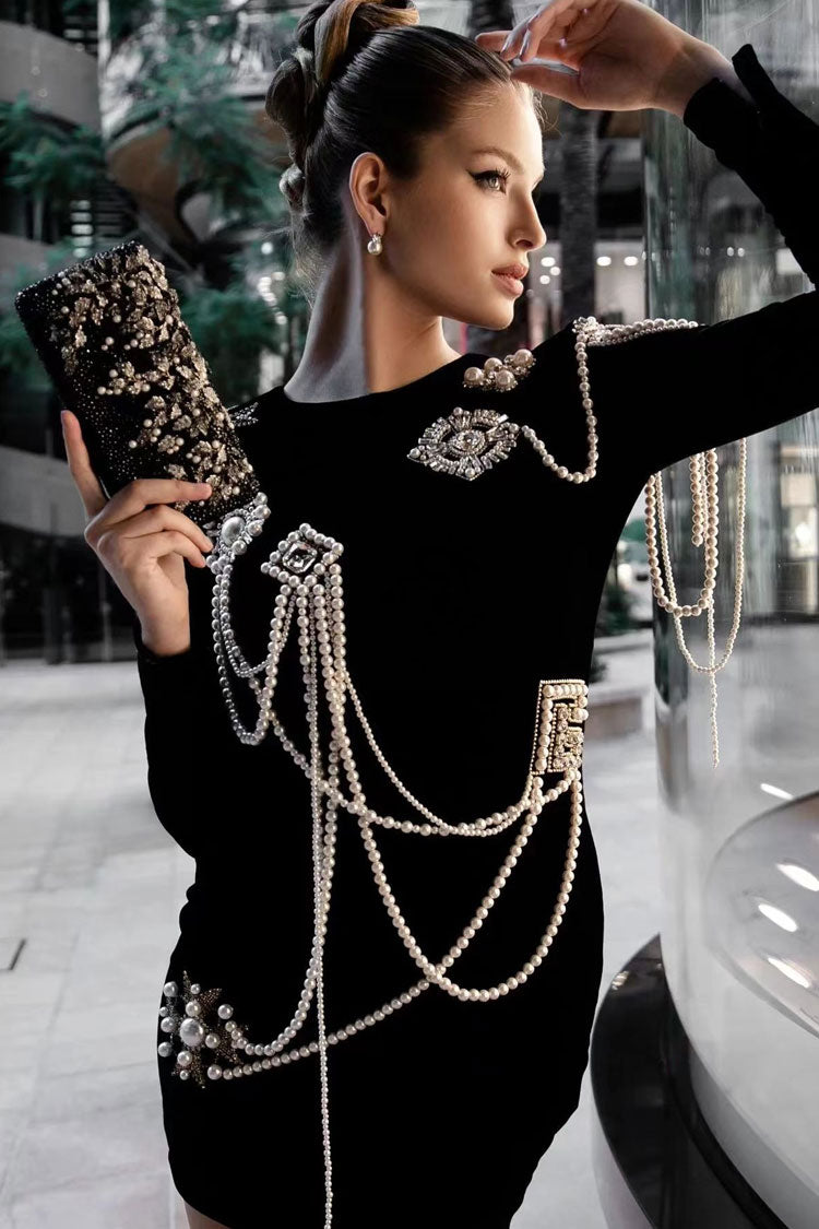 Timeless Pearl Tassel Rhinestone Long Sleeve Velvet Party Mini Dress - Black