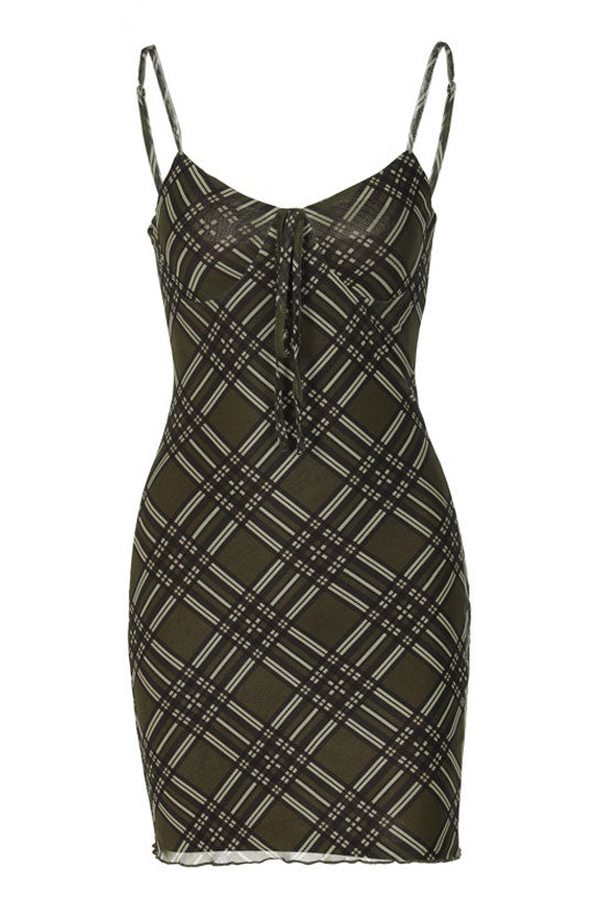 Timeless Plaid Bow Tie V Neck Summer Sleeveless Mesh Party Mini Dress - Army Green