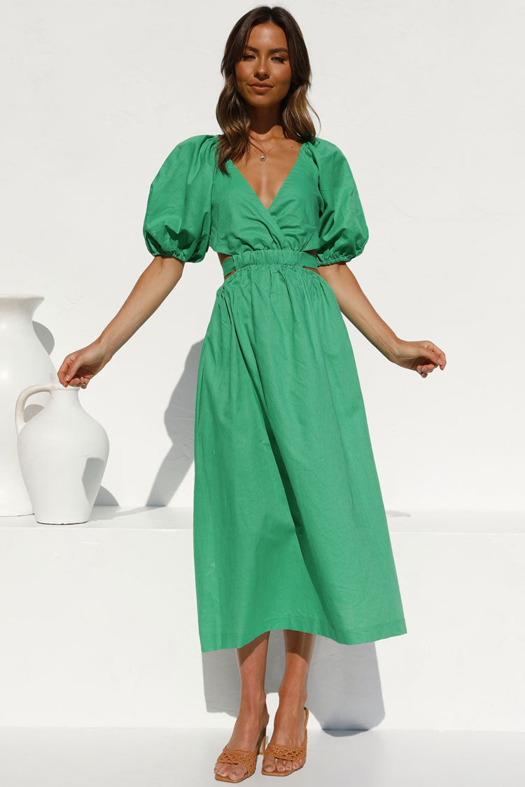 Classic Puff Sleeve Deep V Cutout Beach Vacation Midi Dress - Green