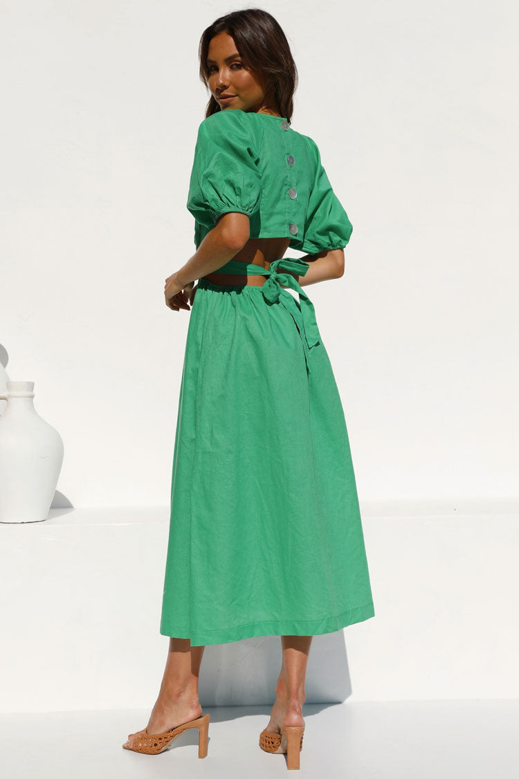 Classic Puff Sleeve Deep V Cutout Beach Vacation Midi Dress - Green