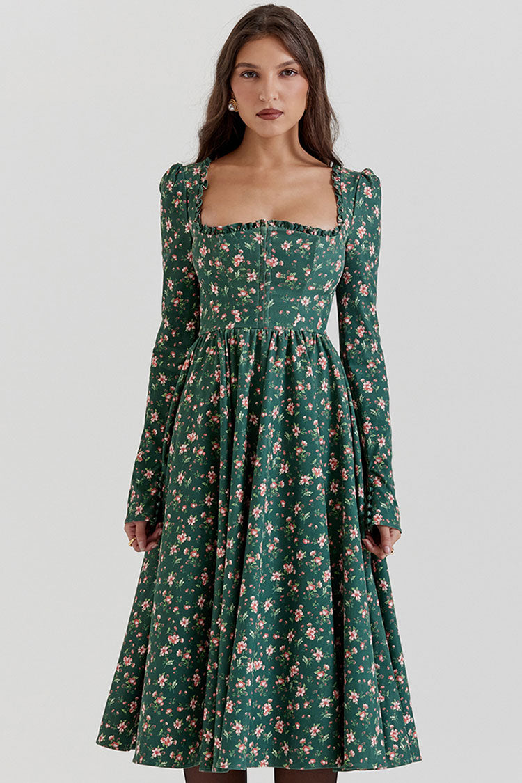 Vintage Ruffled Square Neck Puff Sleeve Fit & Flare Bloom Printed Midi Dress - Emerald Green
