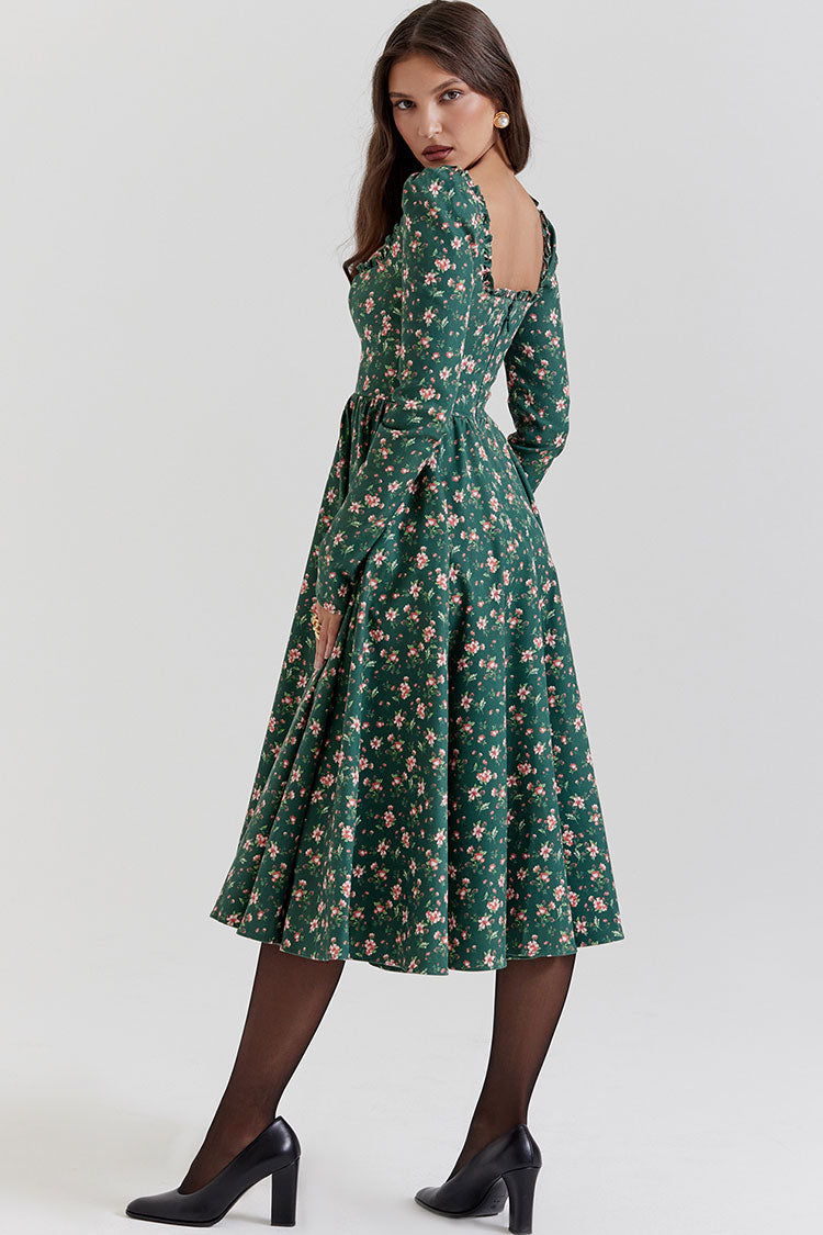 Vintage Ruffled Square Neck Puff Sleeve Fit & Flare Bloom Printed Midi Dress - Emerald Green