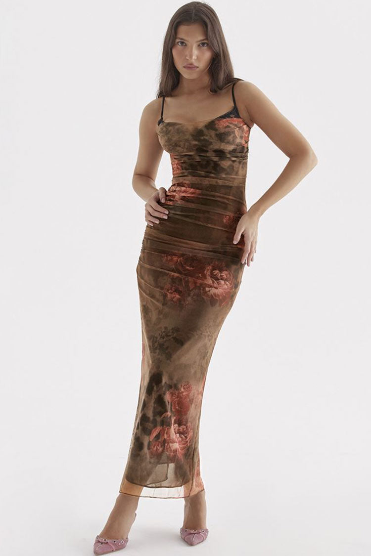 Retro Sweetheart Ruched Trim Printed Mesh Slip Maxi Dress - Floral