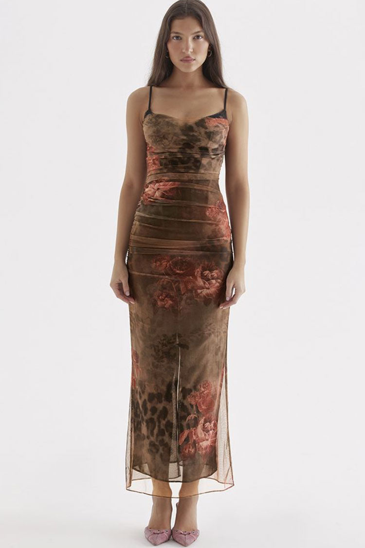 Retro Sweetheart Ruched Trim Printed Mesh Slip Maxi Dress - Floral