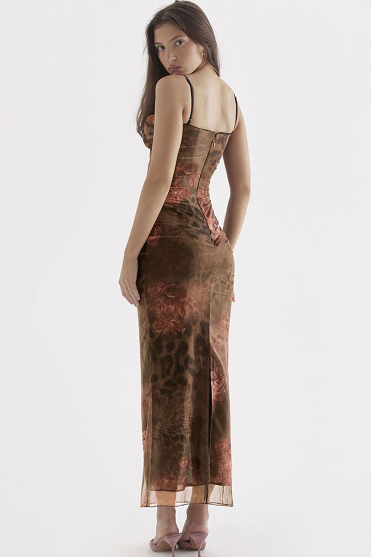 Retro Sweetheart Ruched Trim Printed Mesh Slip Maxi Dress - Floral