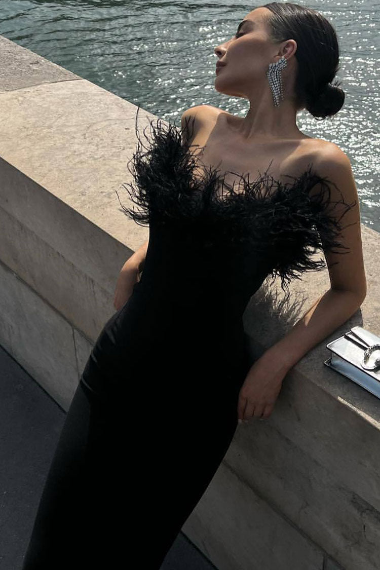 Classic Sweetheart Strapless Bandage Knit Feather Trim Maxi Dress - Black