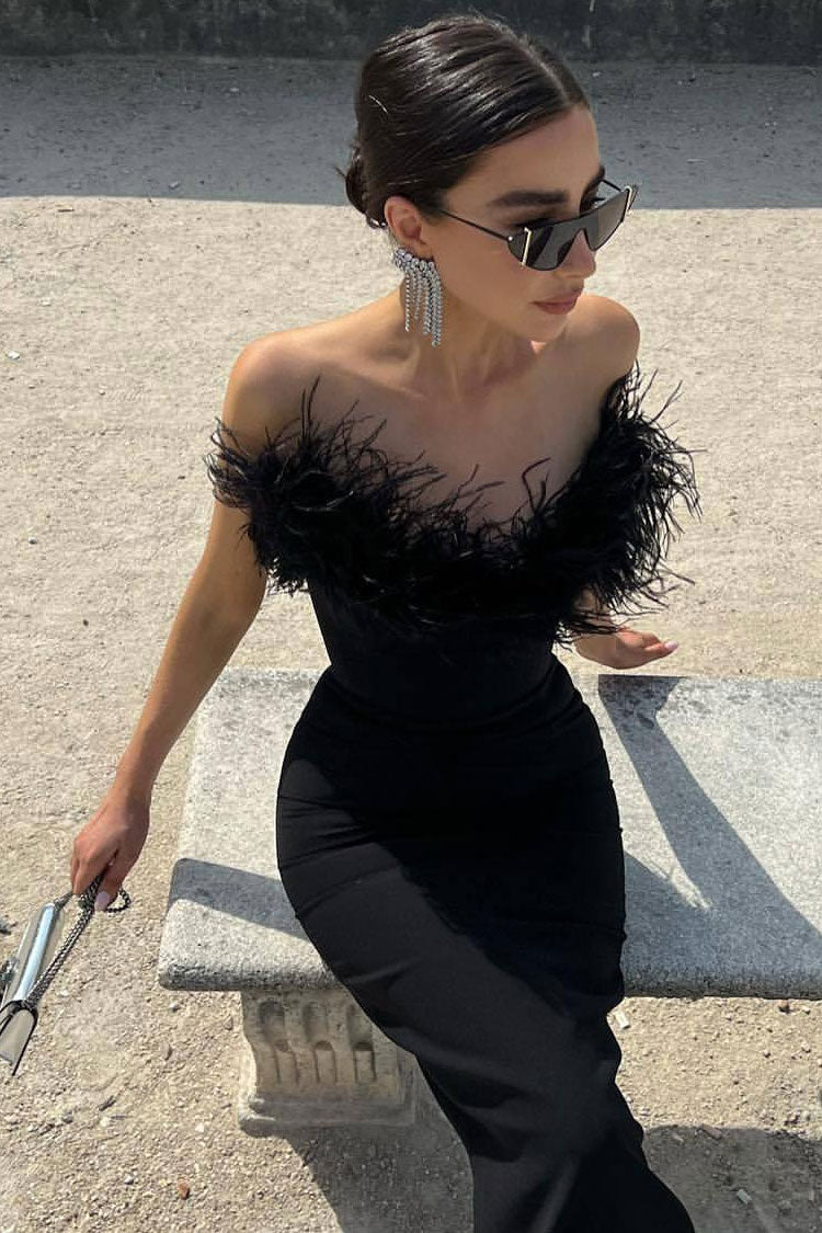 Classic Sweetheart Strapless Bandage Knit Feather Trim Maxi Dress - Black