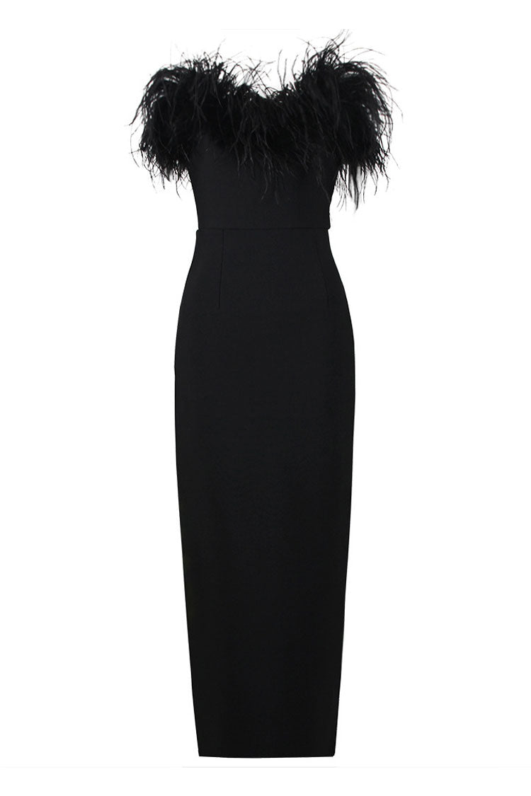 Classic Sweetheart Strapless Bandage Knit Feather Trim Maxi Dress - Black
