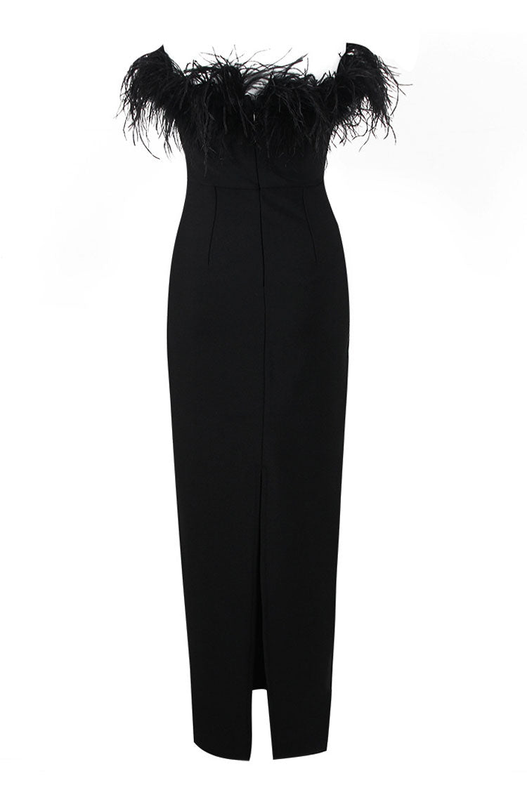 Classic Sweetheart Strapless Bandage Knit Feather Trim Maxi Dress - Black