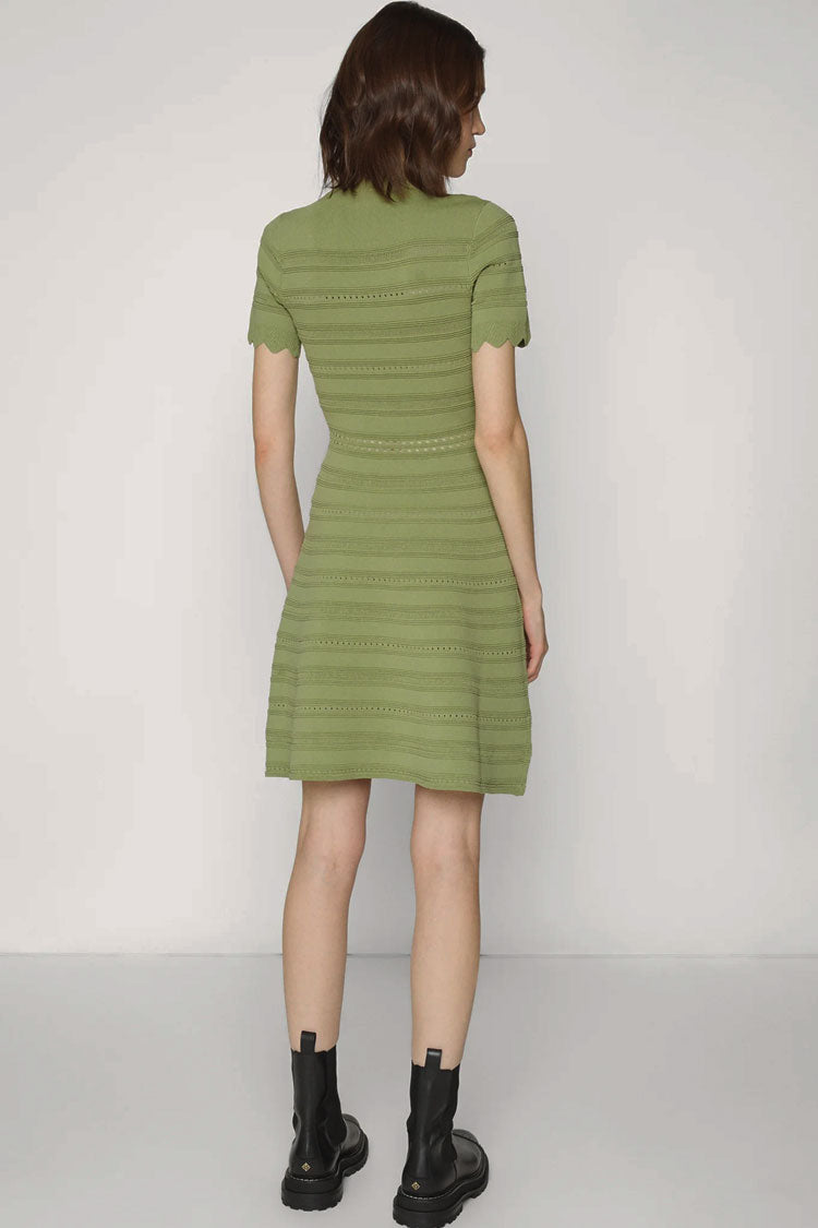 V Wavy Neck Half Button Short Sleeve Summer Sweater Mini Dress - Green