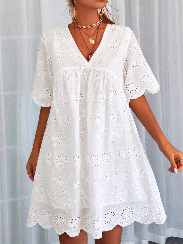 Lace White Hollow V neck Short sleeved Dress