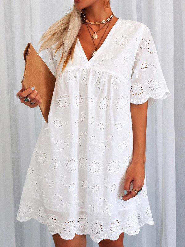 Lace White Hollow V neck Short sleeved Dress