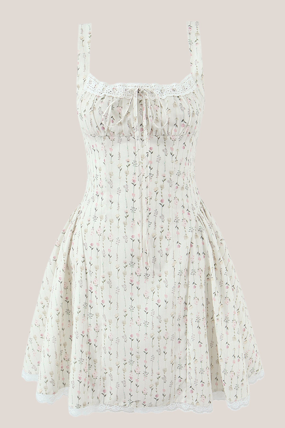 White Classic Rose Printed Lace Cotton Mini Dress