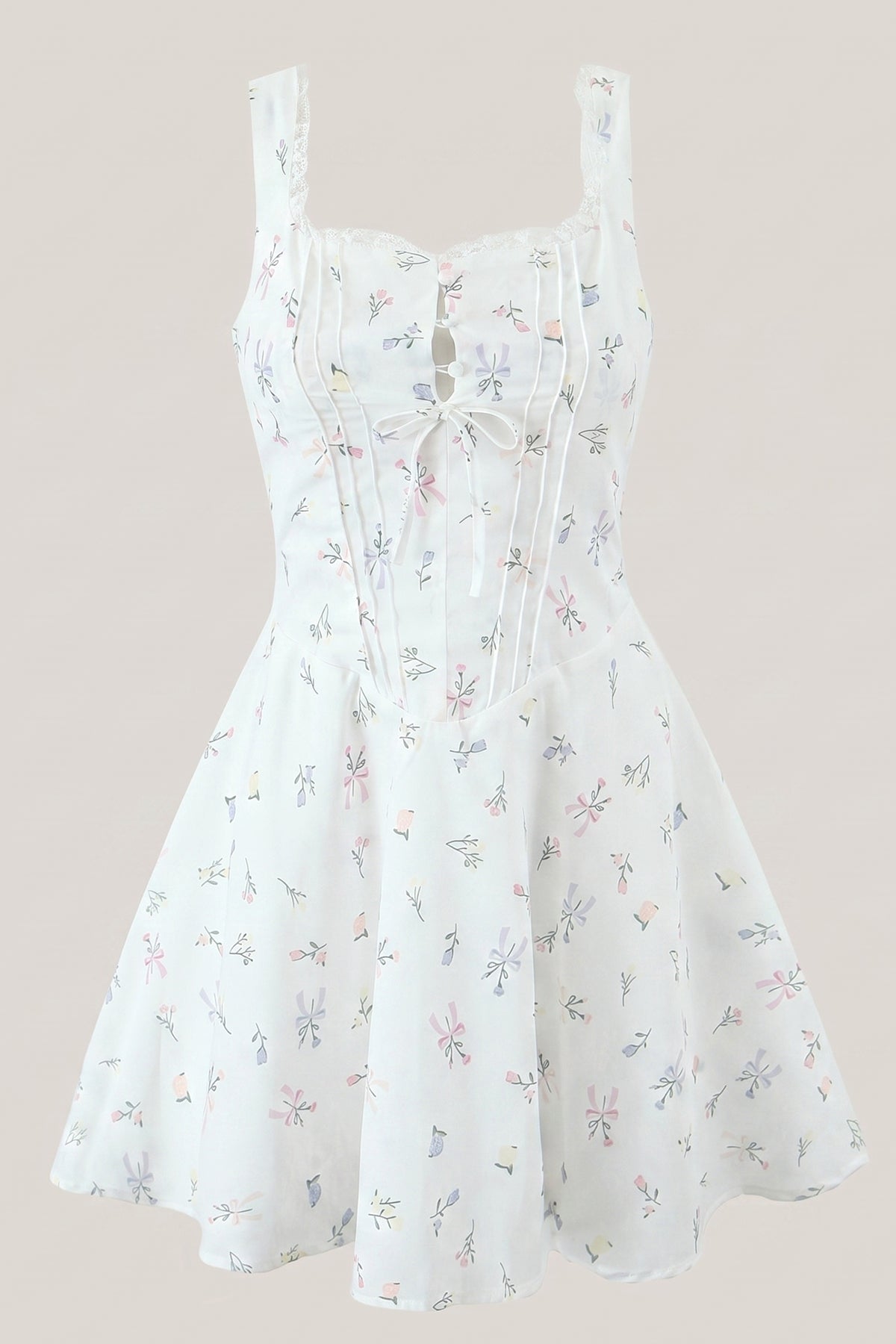 White Warm Rose Print Cotton Ruffled Mini Dress