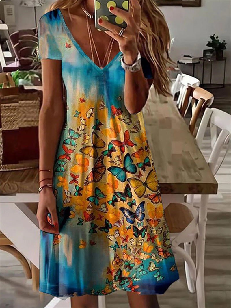 Print Butterfly V Neck Short Sleeve Dress