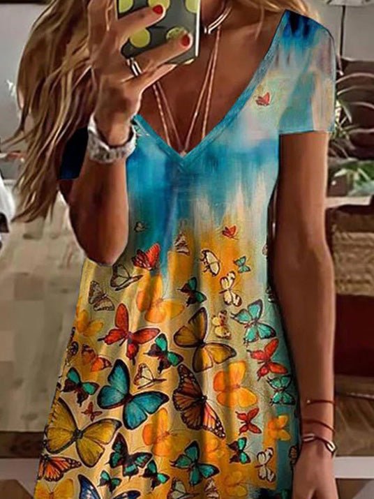 Print Butterfly V Neck Short Sleeve Dress