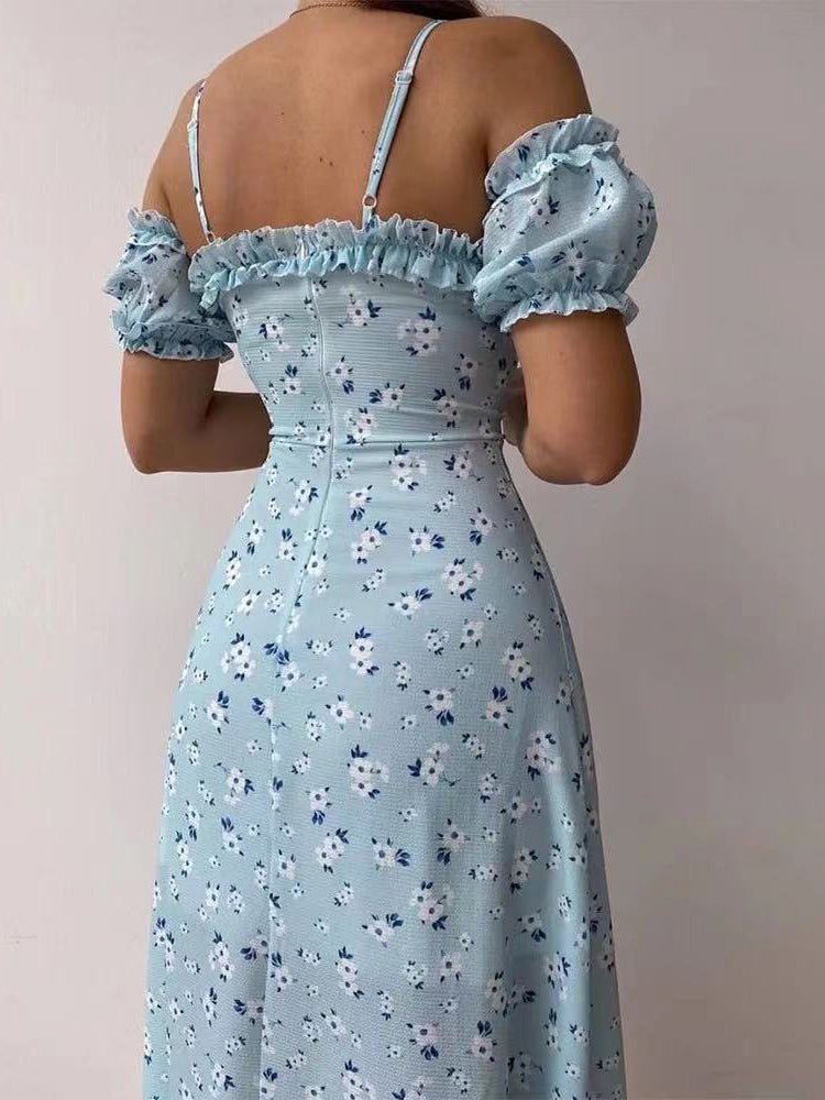 Bloom Print Sling Off The Shoulder Slit Dress