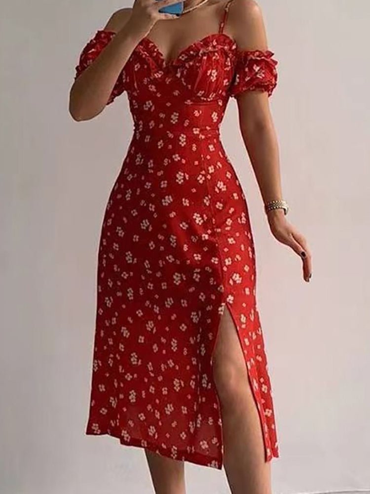 Bloom Print Sling Off The Shoulder Slit Dress