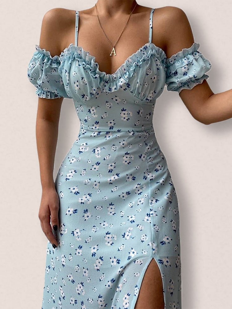 Bloom Print Sling Off The Shoulder Slit Dress