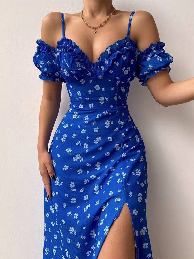 Bloom Print Sling Off The Shoulder Slit Dress
