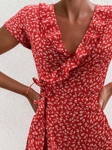 Flower V Neck Ruffled Lace Up Dress